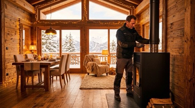 Artisan raccordant le conduit d'un poêle à granulés dans un chalet